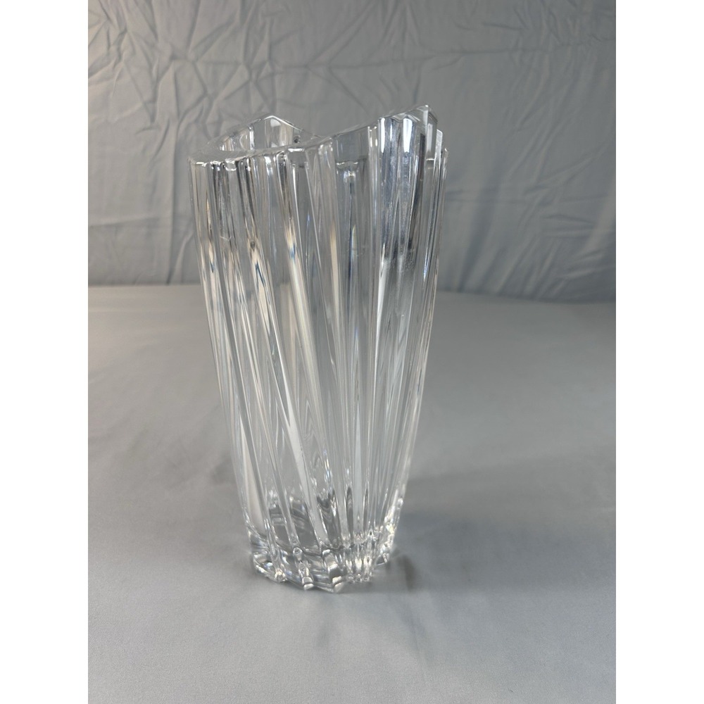 Vintage Clear Cut Glass Vase Heavy Ribbed Crystal Look 9" Modern Decor